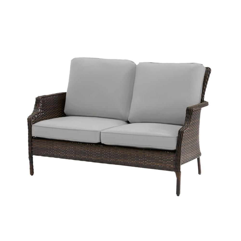 Hampton Bay Grayson Brown Wicker Outdoor Patio Loveseat with CushionGuard Stone Gray Cushions 