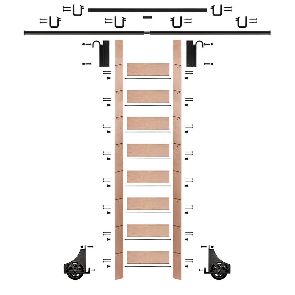 107 in. Un-Finished Red Oak Library Ladder (119 in. Reach) Black Sliding Hook Ladder Kit with 12 ft. Rail