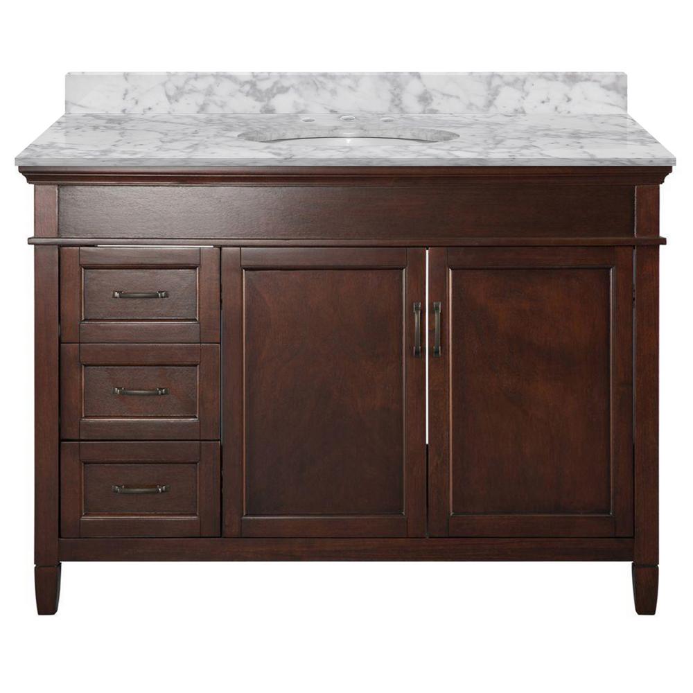 Home Decorators Collection Ashburn 49 in. W x 22 in. D Bath Vanity in Mahogany LH Drawers with Marble Vanity Top in Carrara with White Oval Sink was $1299.0 now $779.4 (40.0% off)