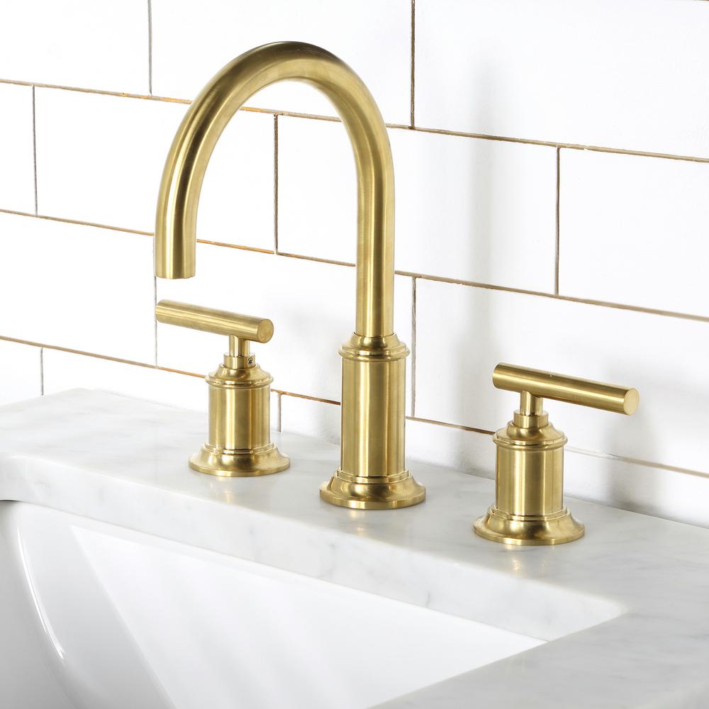 Water Creation 8 In. Widespread 2-Handle Modern Gooseneck Bathroom Faucet with Pop-Up Drain in Satin Gold PVD