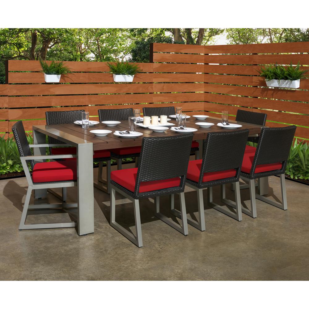 Rst Brands Milo Espresso 9 Piece Wicker Outdoor Dining Set With Milo Espresso 9 Piece Wicker Outdoor Dining Set With Sunbrella Sunset Red Cushions
