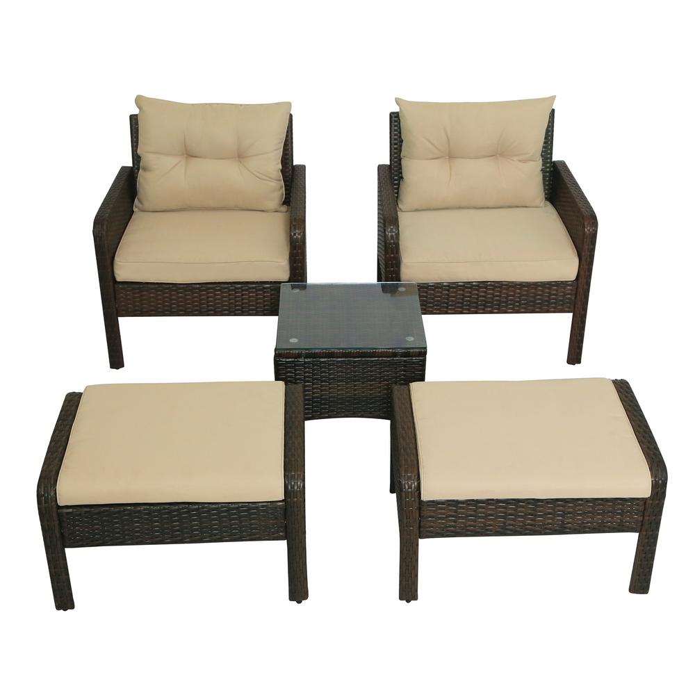 Casainc Brown 5 Piece Wicker Rattan Outdoor Patio Conversation Set With Beige Cushion Wfsh000101aae The Home Depot