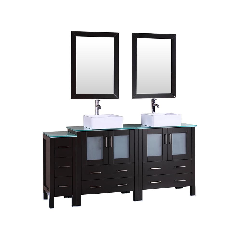 Bosconi 72 In W Double Bath Vanity With Tempered Glass Top Green White Basin And Mirror