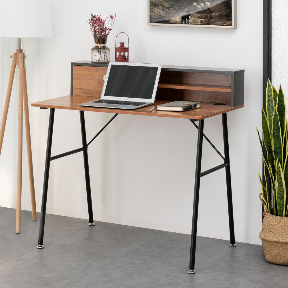 40 in. Rectangular Brown/Black 1 Drawer Writing Desk with Hutch ...