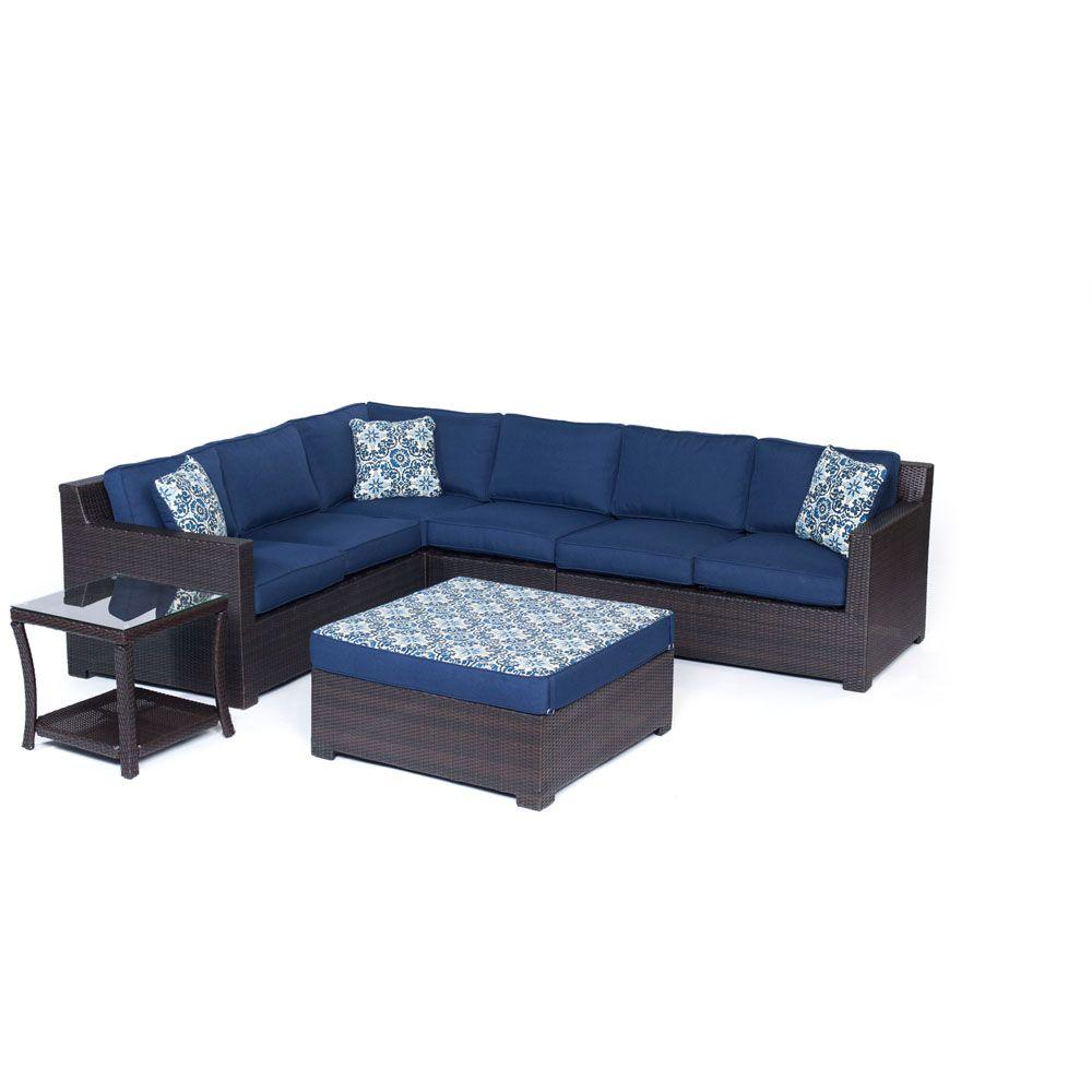 Hanover Metropolitan Brown 6-Piece Aluminum All-Weather Wicker Patio Deep Seating Set with Navy 