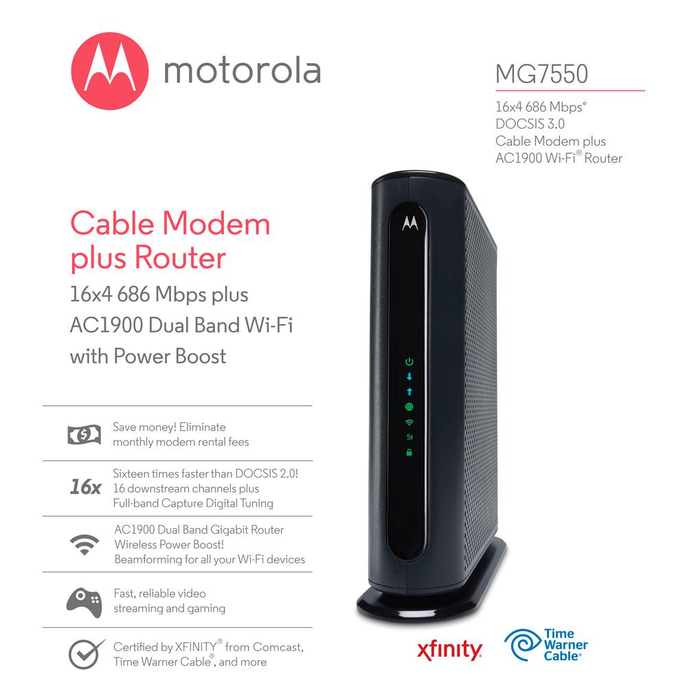 Comcast Compatible Modem Router >> Motorola 16x4 Cable Modem Plus Ac1900 Dual Band Wi Fi With Power Boost Comcast Compatible Modem Router >> Motorola 16x4 Cable Modem Plus Ac1900 Dual Band Wi Fi With Power Boost