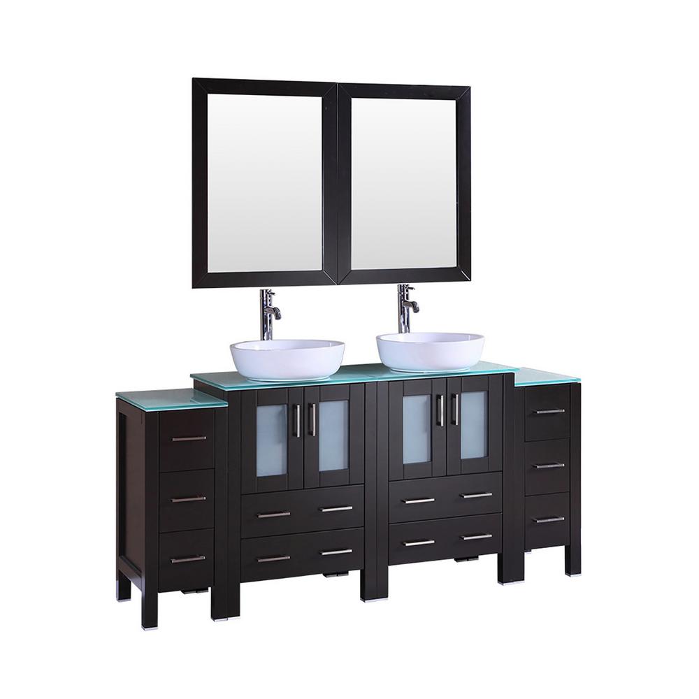 Bosconi 72 In W Double Bath Vanity With Tempered Glass Top Green White Basin And Mirror