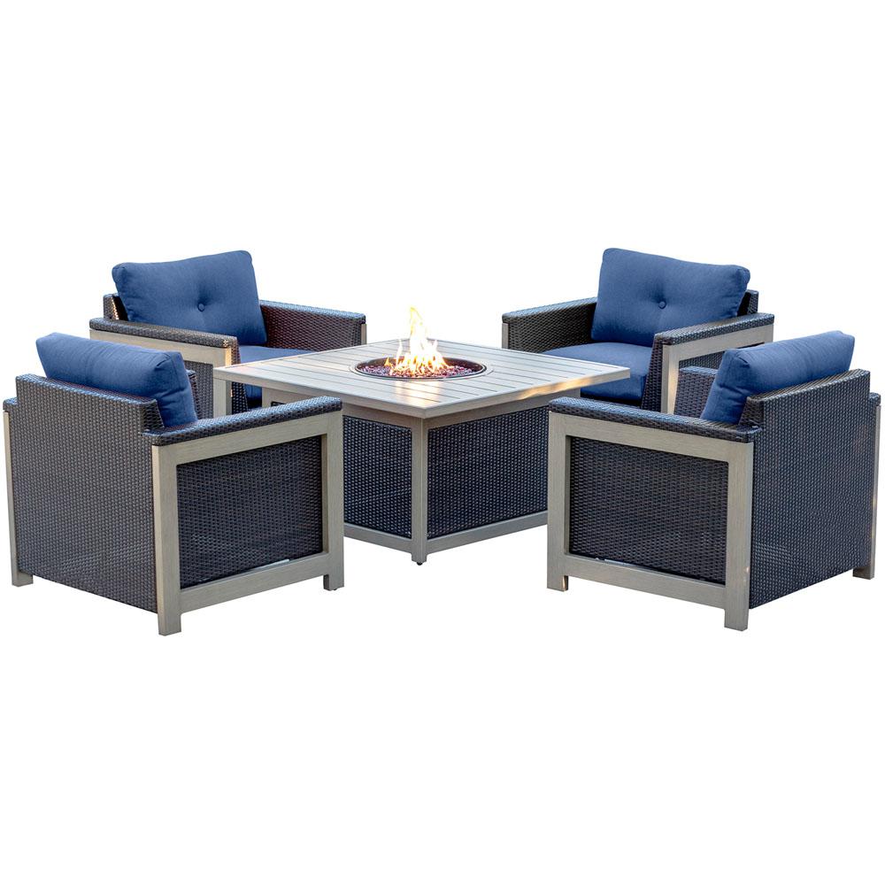 Modern Cushions Blue Fire Pit Sets Outdoor Lounge Furniture Wolf 5 Piece Wicker Patio Fire Pit Conversation Set With Navy Blue Cushions