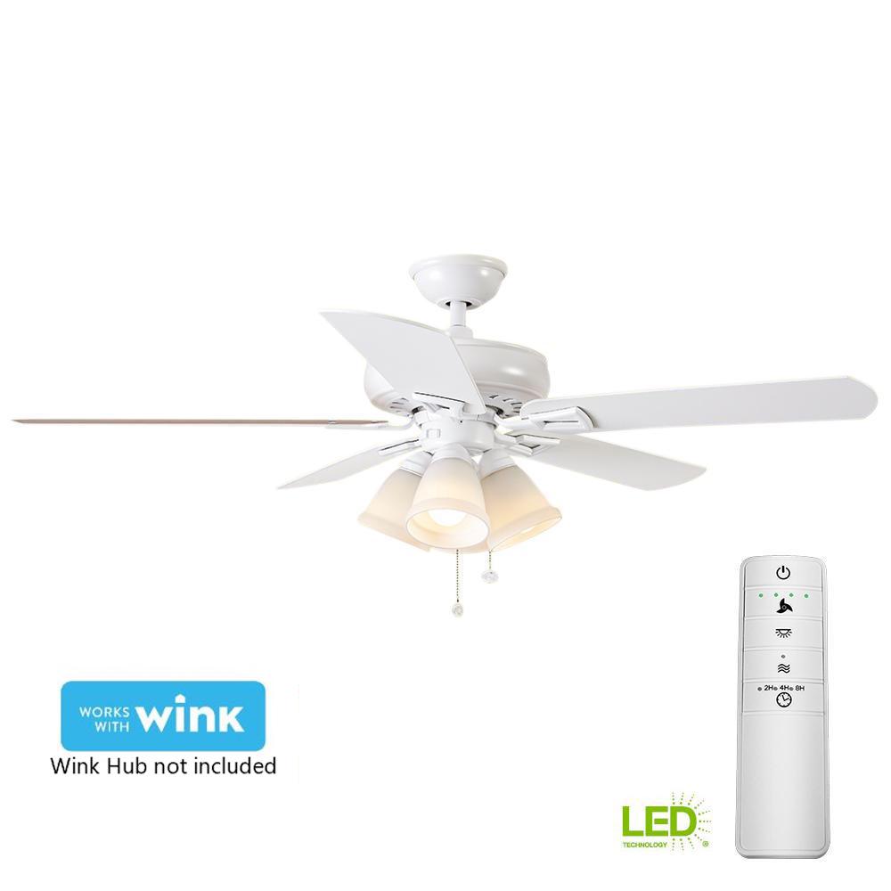 Hampton Bay Lyndhurst 52 In Led Matte White Smart Ceiling Fan With Light Kit And Wink Remote Control