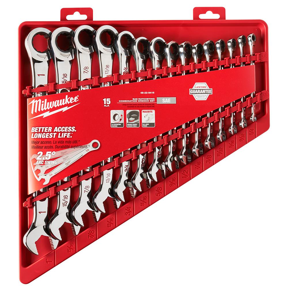 MILWAUKEE SAE Combination Ratcheting Wrench Mechanics Tool 15Pcs Set