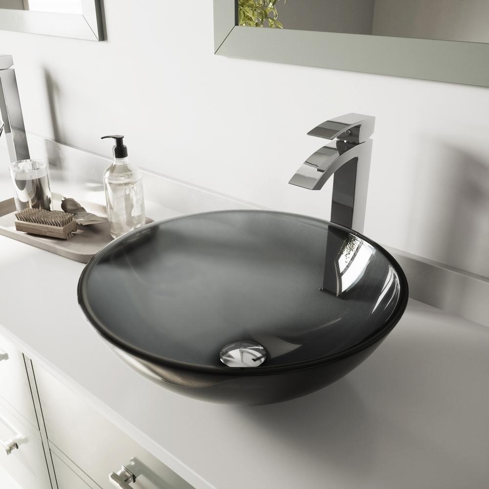 Vigo Glass Vessel Bathroom Sink In Sheer Black With Faucet Set In Chrome