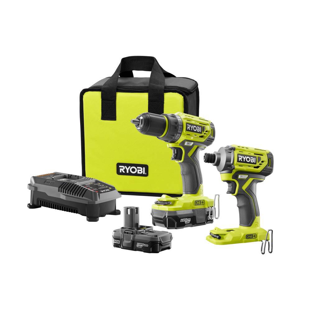 Ryobi 18 Volt One Lithium Ion Cordless Drill Driver And Impact 18 Volt One Lithium Ion Cordless Brushless Drill Driver Impact Kit