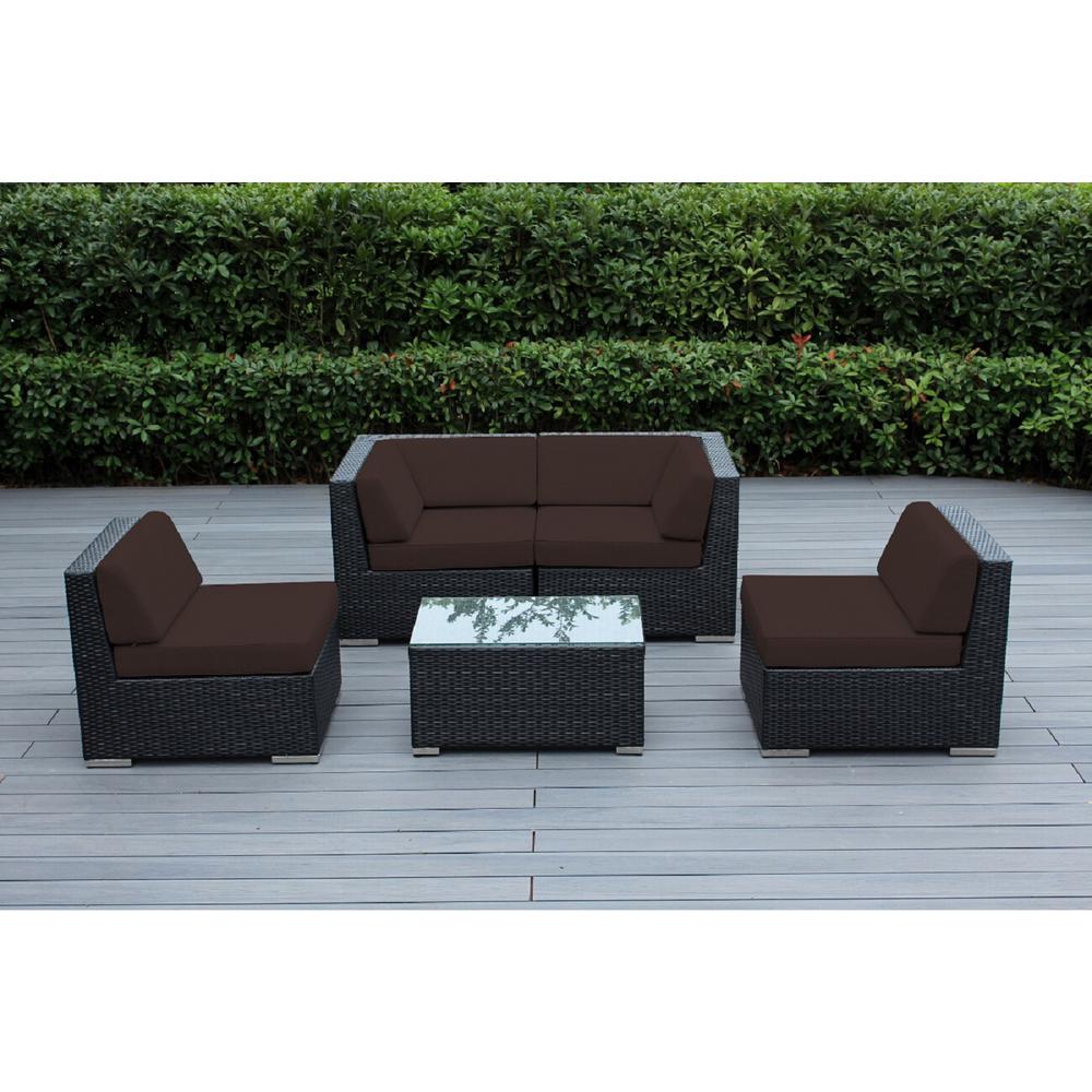 Ohana Depot Ohana Black 5 Piece Wicker Patio Seating Set With Sunbrella Bay Brown Cushions Pn0501 Sbr The Home Depot