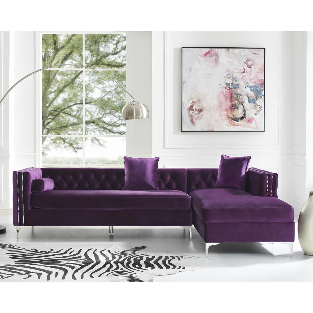 Inspired Home Olivia Purple Silver Velvet 4 Seater L Shaped Right Facing Sectional Sofa With Nailheads Sr01 02pl Hd The Home Depot