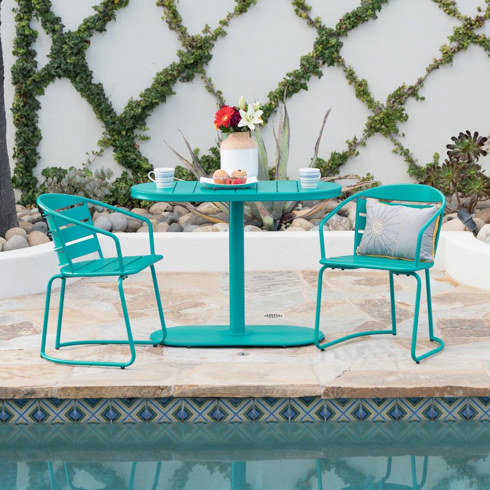 Noble House Matte Teal 3Piece Metal Oval Outdoor Bistro Set303409