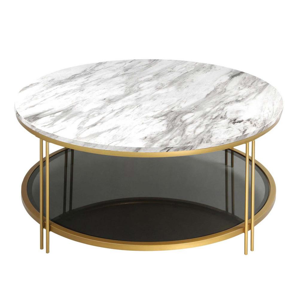 Lnc 36 In. Gold Black Medium Round Wood Coffee Table With Storage Shelf 