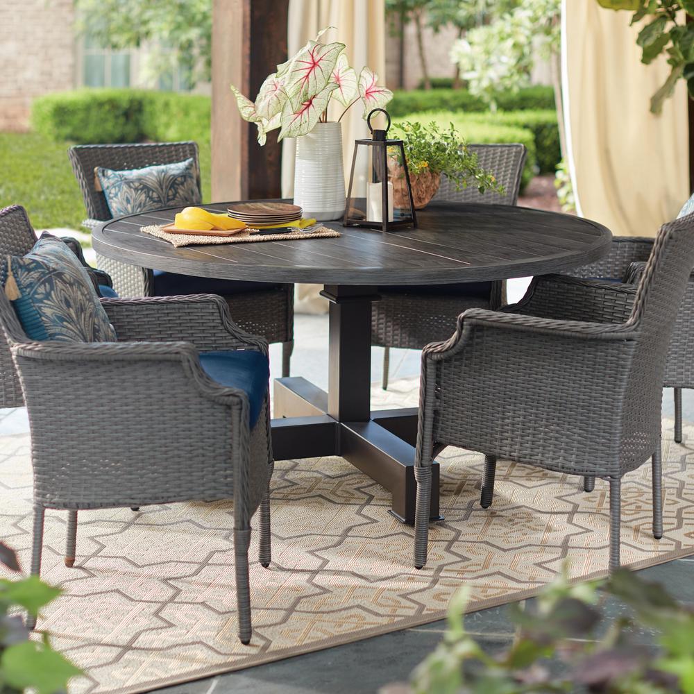 Hampton Bay Grayson 7 Piece Ash Gray Wicker Outdoor Patio Dining Set With Standard Midnight Navy Blue Cushions D19002 Newset The Home Depot - Patio Furniture Table And Chairs Home Depot