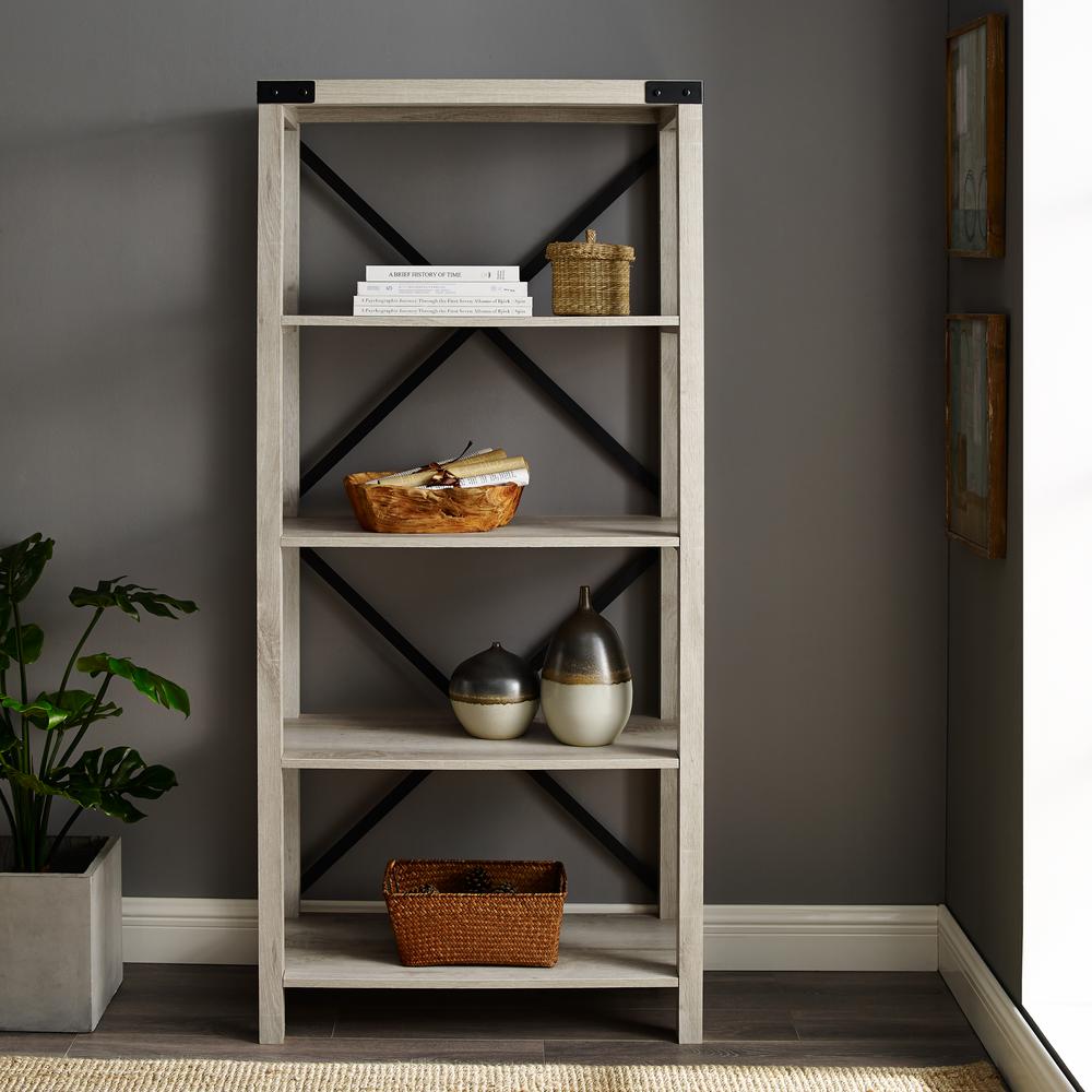 Walker Edison Furniture Company 64 In White Oak Farmhouse Wood And Walker Edison Furniture Company 64 In White Oak Farmhouse Wood And Metal Bookcase Hds64mxwo The Home Depot