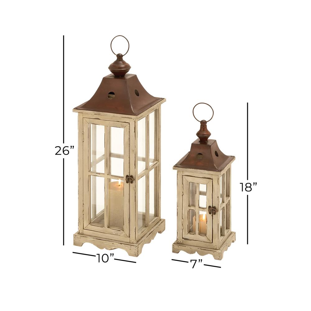 Litton Lane Large Rectangular Coastal Wood And Glass Lantern Set In Distressed Cream Finish W Triangular Metal Top And Round Handle 53165 The Home Depot