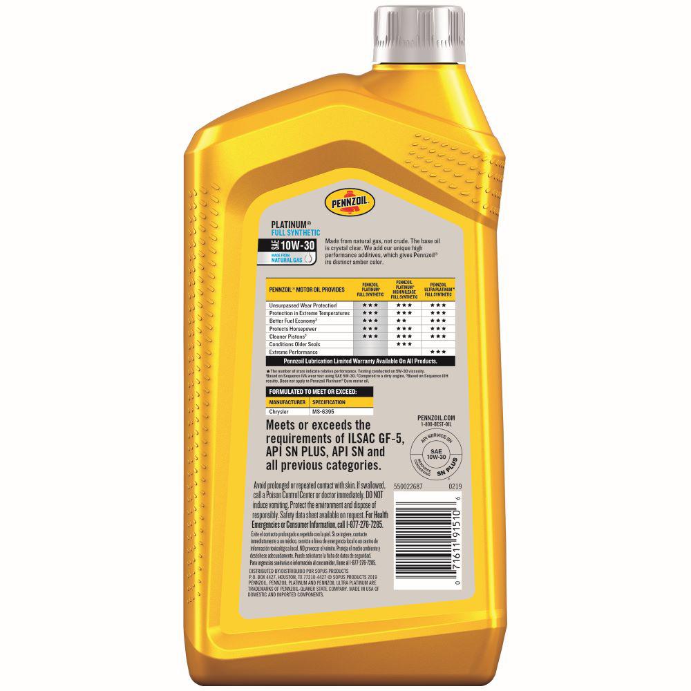 Pennzoil 1 Qt Sae 10w 30 Platinum Full Synthetic Motor Oil The Home Depot