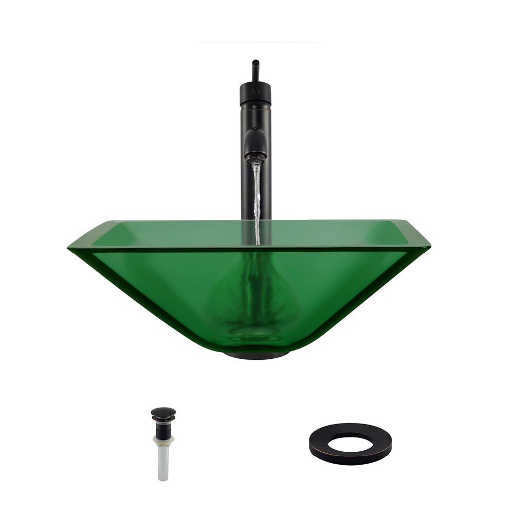 Mr Direct Glass Vessel Sink In Emerald With 718 Faucet And Pop Up