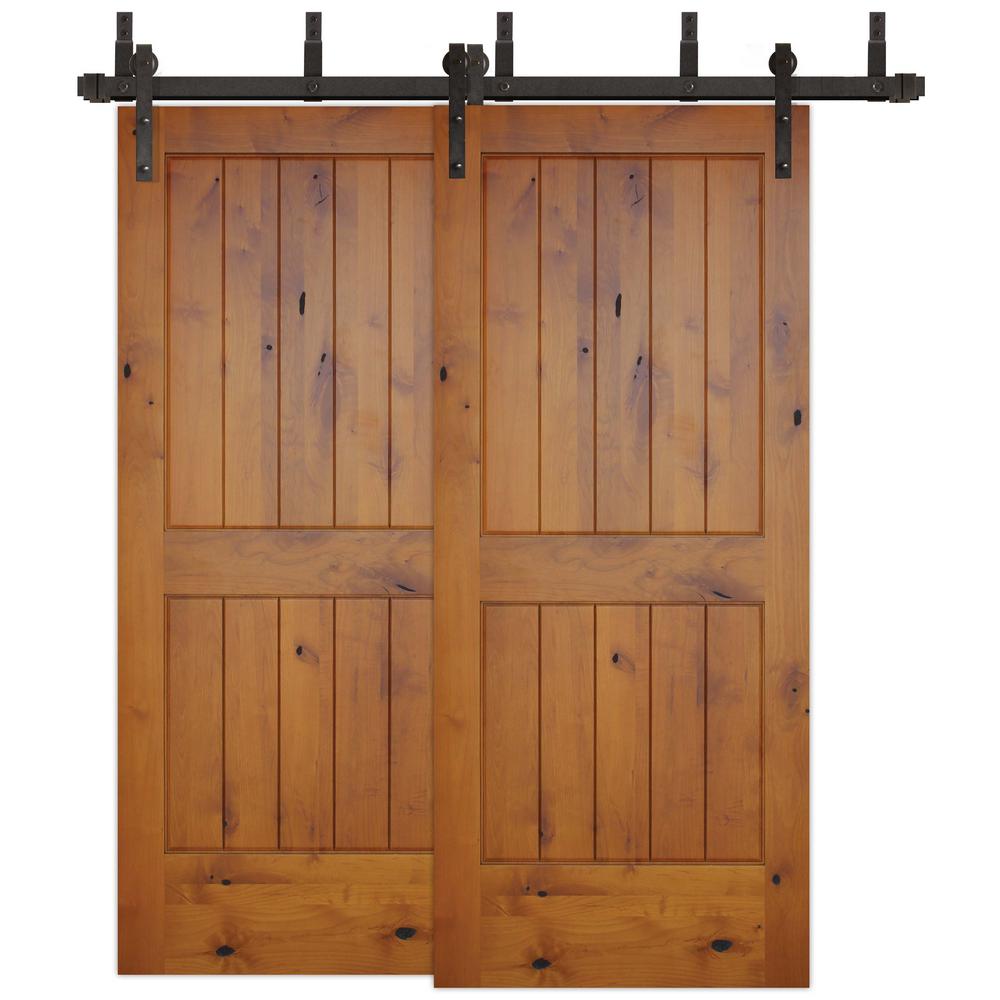 72 In X 80 In Bypass Rustic 2 Pnl V Groove Solid Core Knotty Alder Sliding Barn Door With Bronze Hardware Kit