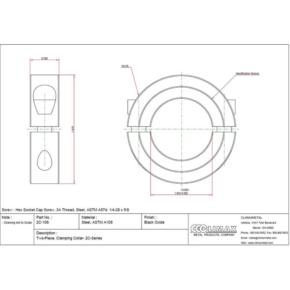 5//8 Width 3 OD Steel 1-3//4 Bore Black Oxide Plating Climax Metal TC-175-16 One-Piece Threaded Clamping Collar with Recessed Screw