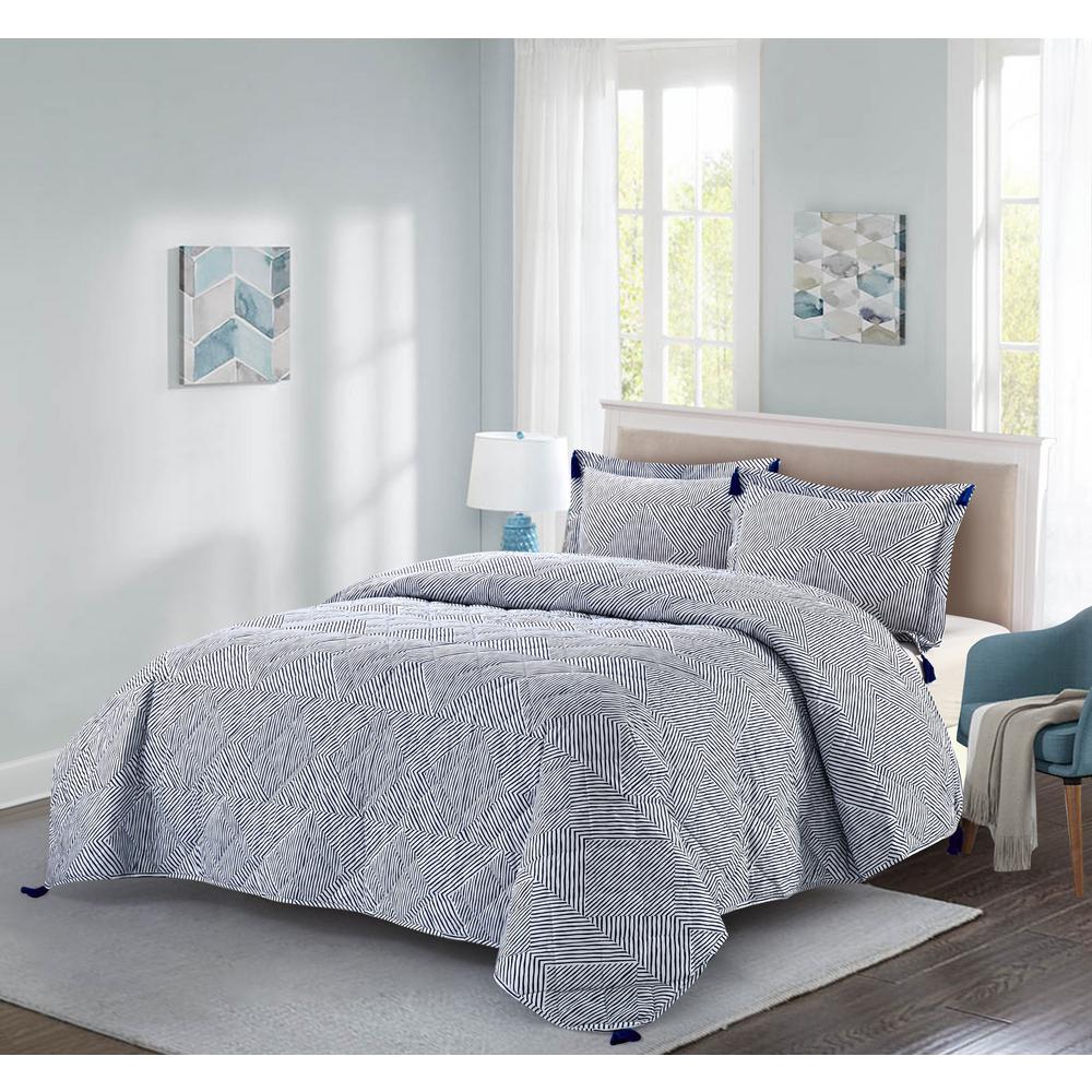 Jonesworks Theo 3 Piece Blue Full Queen Quilt Set Jw3theob5 The