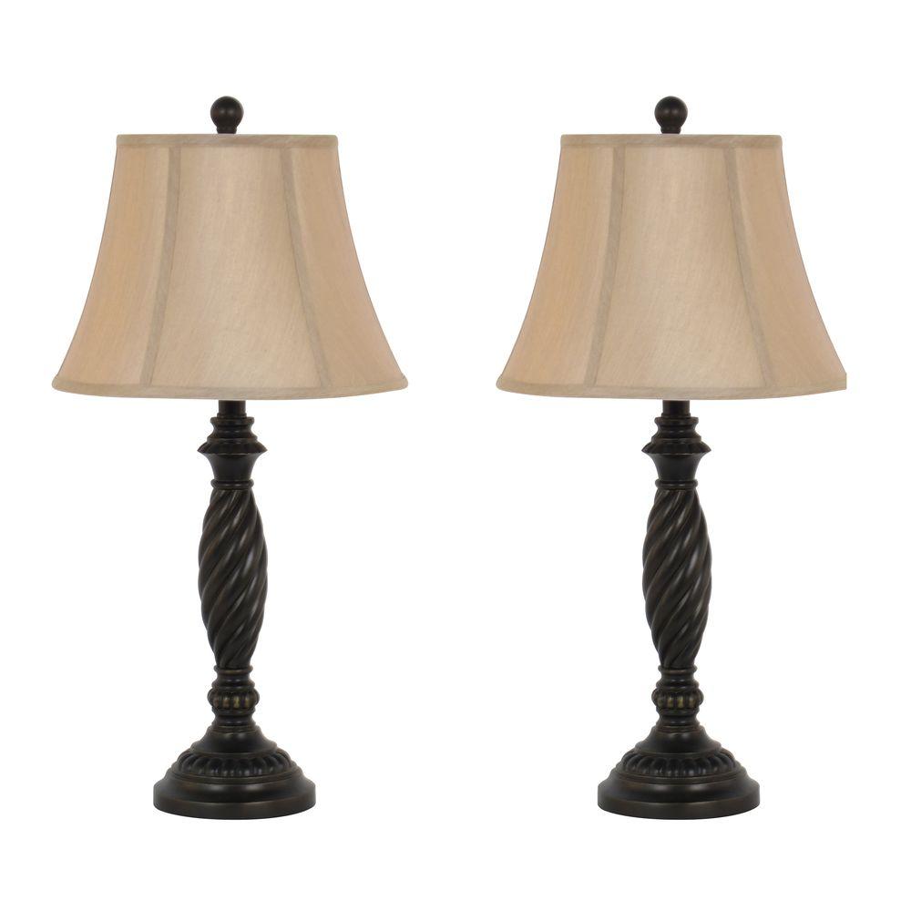 26 In H Oil Rubbed Bronze Spiral Design Table Lamp Set With Linen H Oil Rubbed Bronze Spiral Design Table Lamp Set With Linen Bell Shades