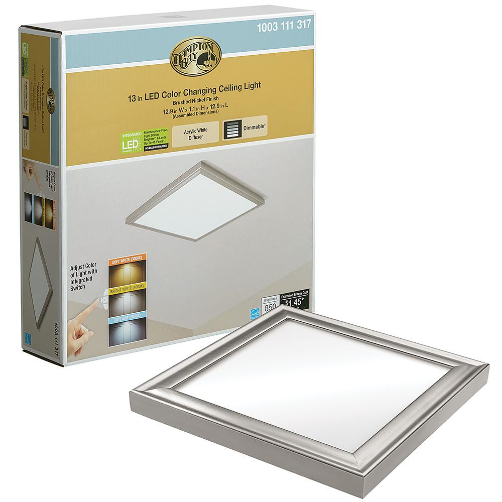 Hampton Bay 13 in. x 13 in. Square Brushed Nickel LED Flush Mount Ceiling Light Flat Panel 850 Lumens 3000K 4000K 5000K Dimmable was $59.97 now $34.97 (42.0% off)