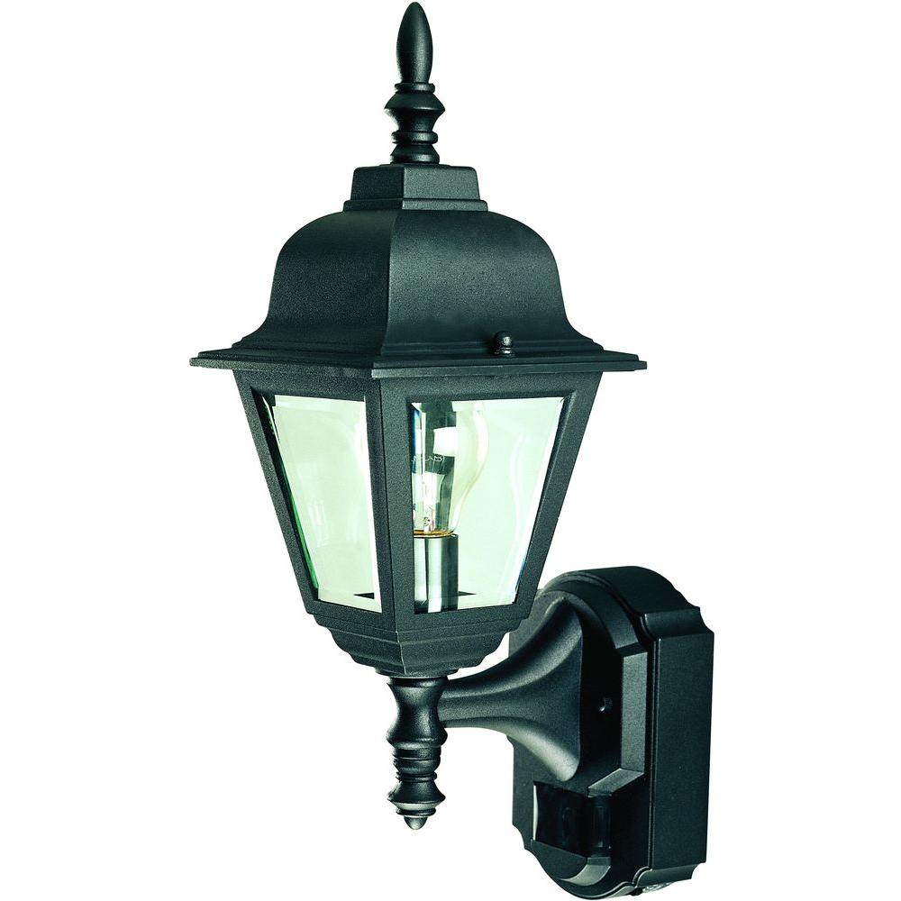 Heath Zenith Black Motion Sensing Outdoor Wall Mounted 180 Degree Black Country Cottage Lantern With Clear Beveled Glass