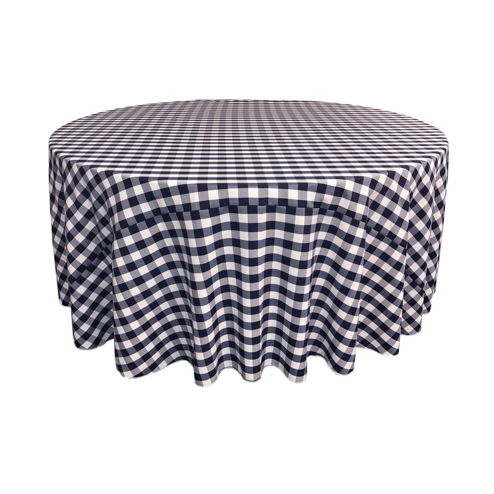 La Linen 108 In White And Navy Polyester Gingham Checkered Round White And Navy Polyester Gingham Checkered Round Tablecloth
