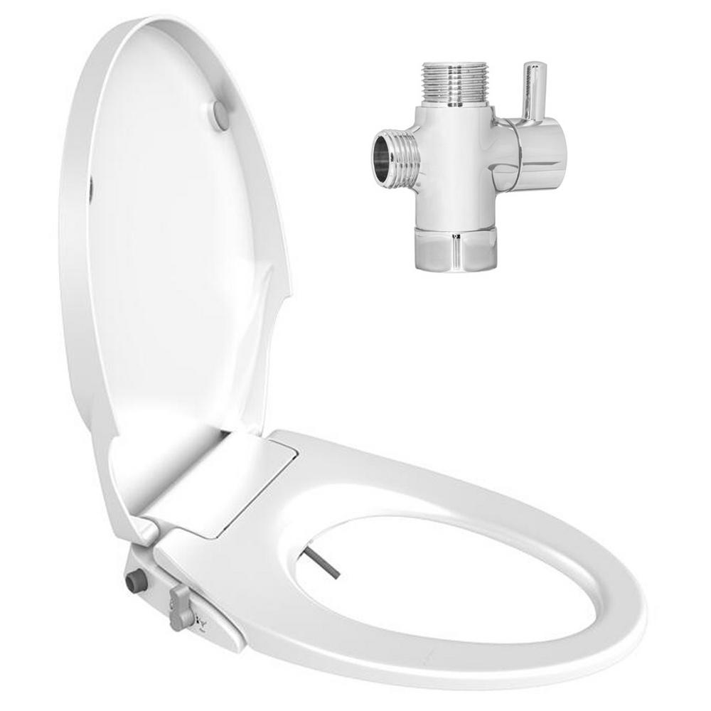 Emoderndecor Soft Close Non Electric Bidet Seat For Elongated Toilets In White With Dual Nozzles And On Off Solid Brass T Adapter Bd El V The Home Depot