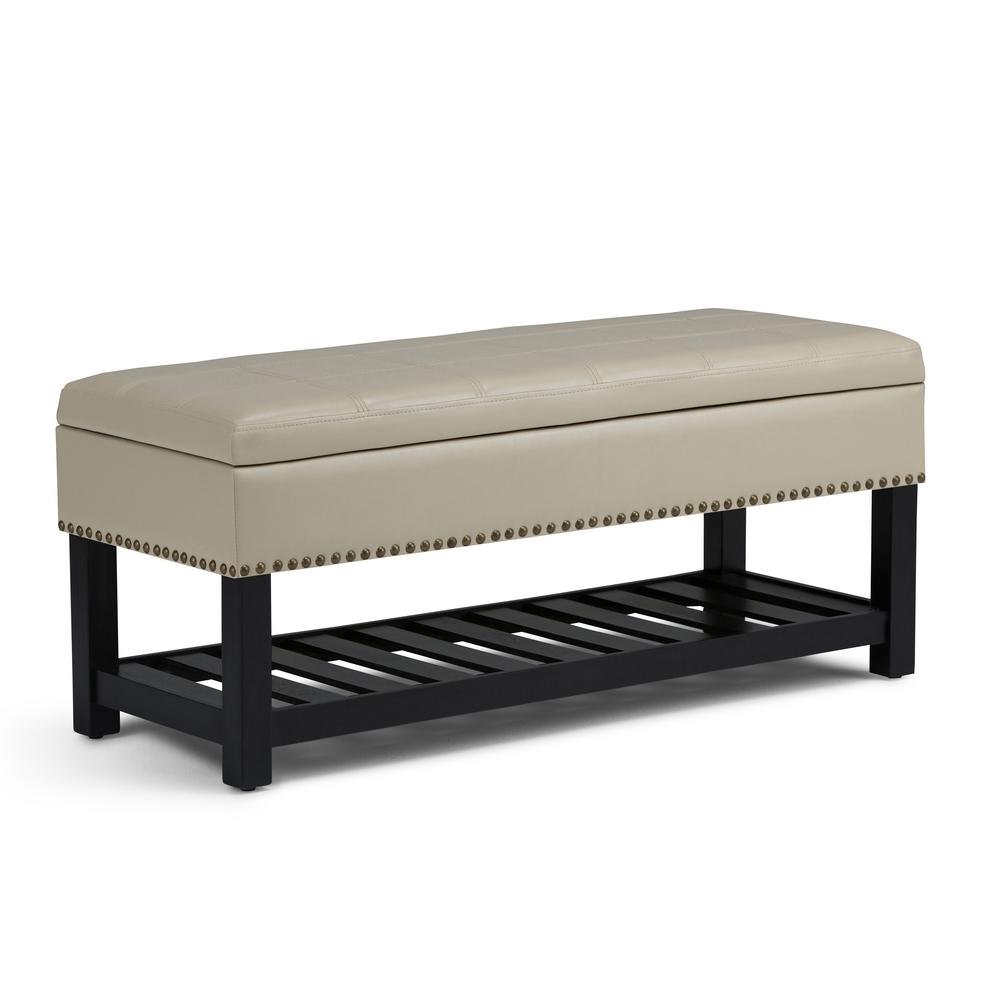 Simpli Home Radley Satin Cream PU Faux Leather Storage OttomanAXCOT