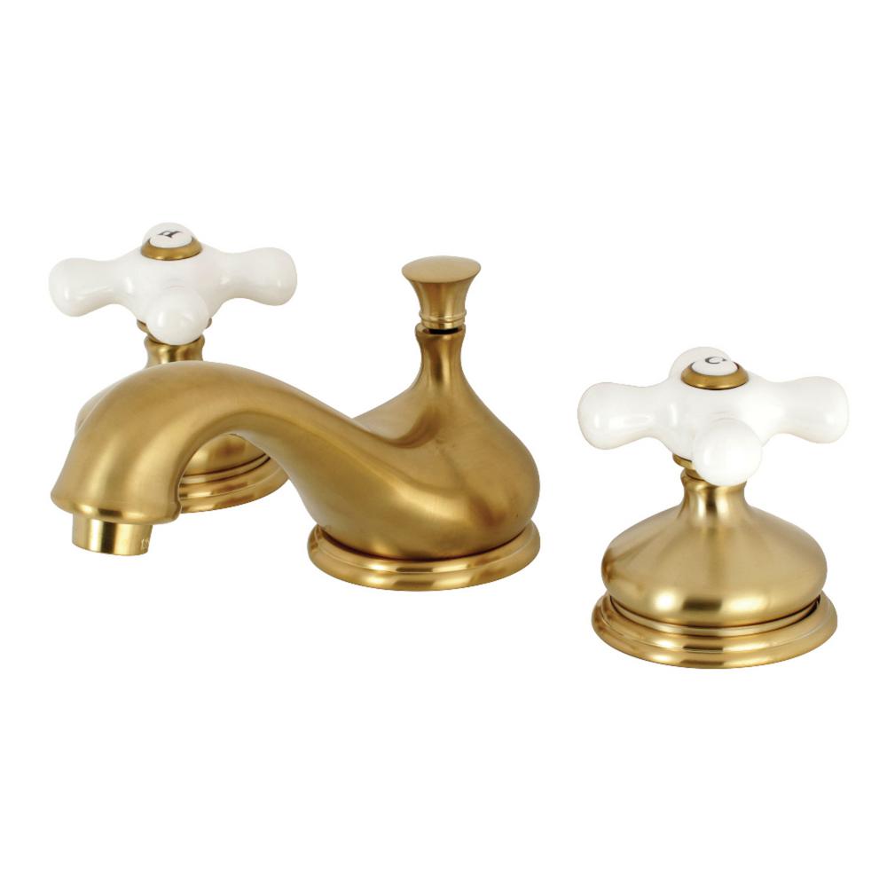 Kingston Brass Classic Procelain Cross 8 In Widespread 2 Handle Bathroom Faucet In Satin Brass 0722