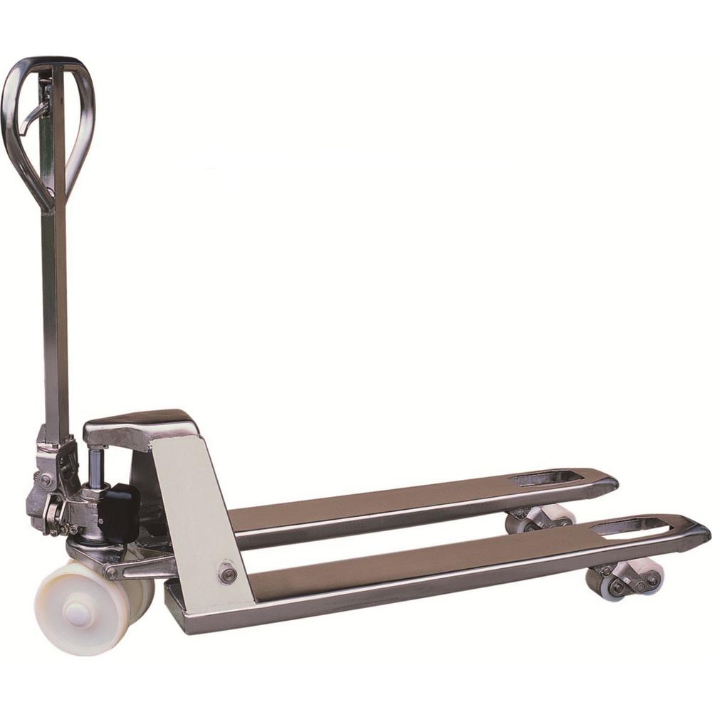 304 Stainless Steel 4400 lbs. 27 in. x 48 in. Manual Pallet Truck German  Seal System with Nylon Wheels
