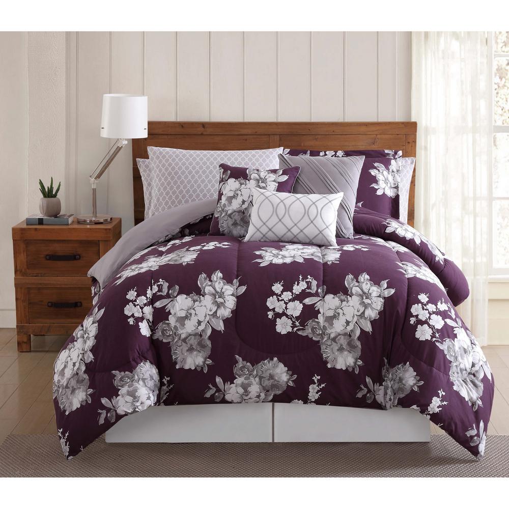 Style 212 Peony 12 Piece Purple Floral King Comforter Set