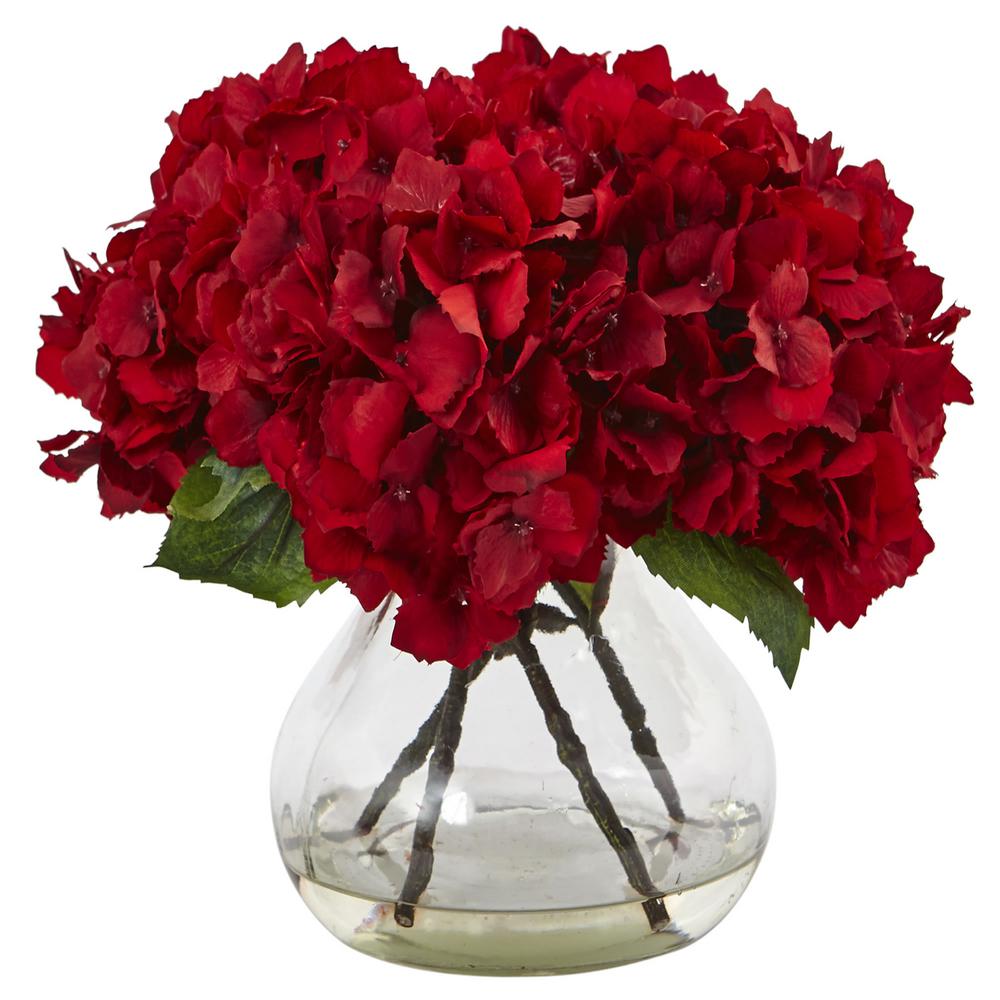 Nearly Natural Red Hydrangea With Vase Silk Flower Arrangement