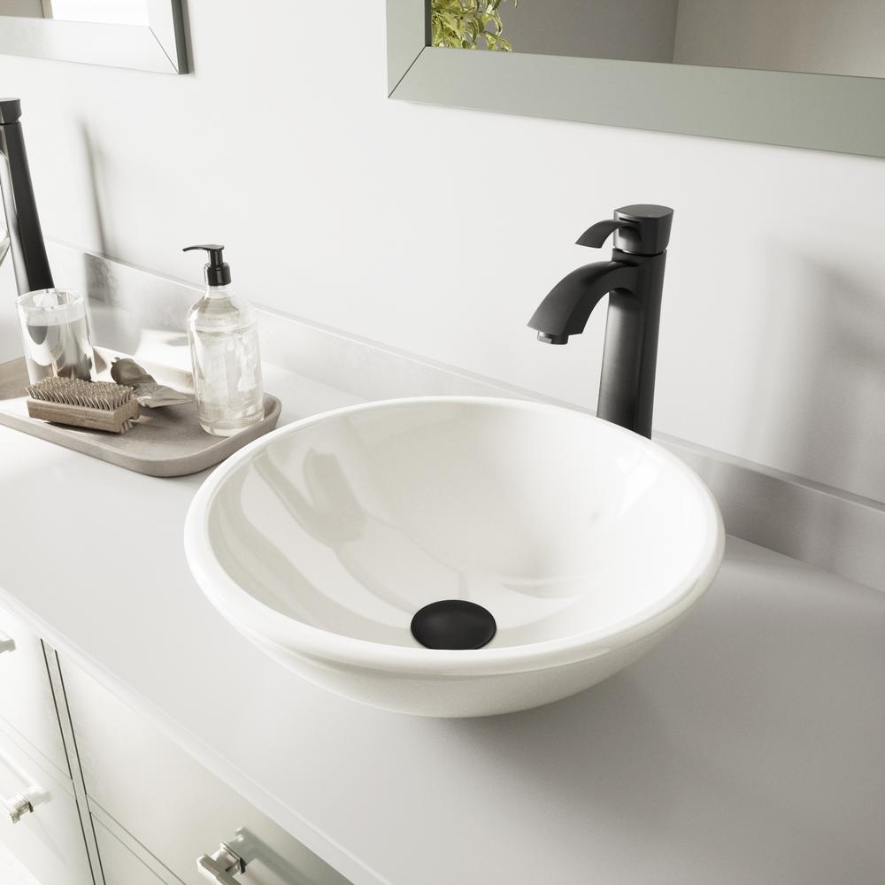 Vigo Glass Vessel Sink In White Phoenix Stone And Otis Faucet Set In Matte Black