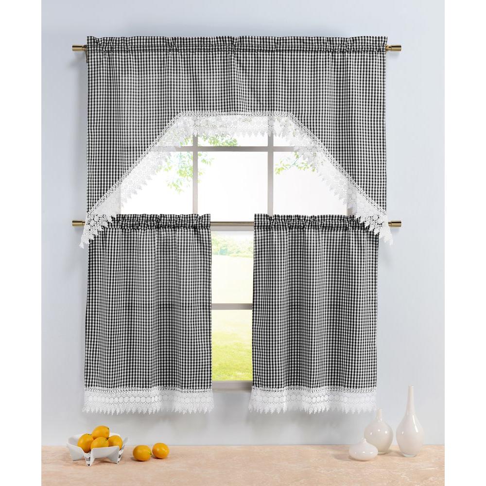 Window Elements Semi Opaque Checkered Black Embroidered 3 Piece