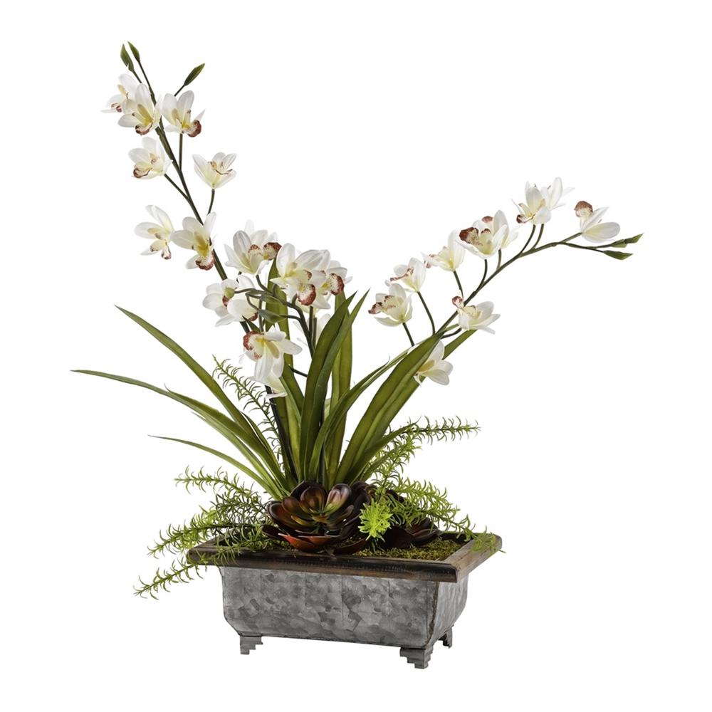 orchids cymbidium echeveria rectangle planter indoor cream metal silks plant category