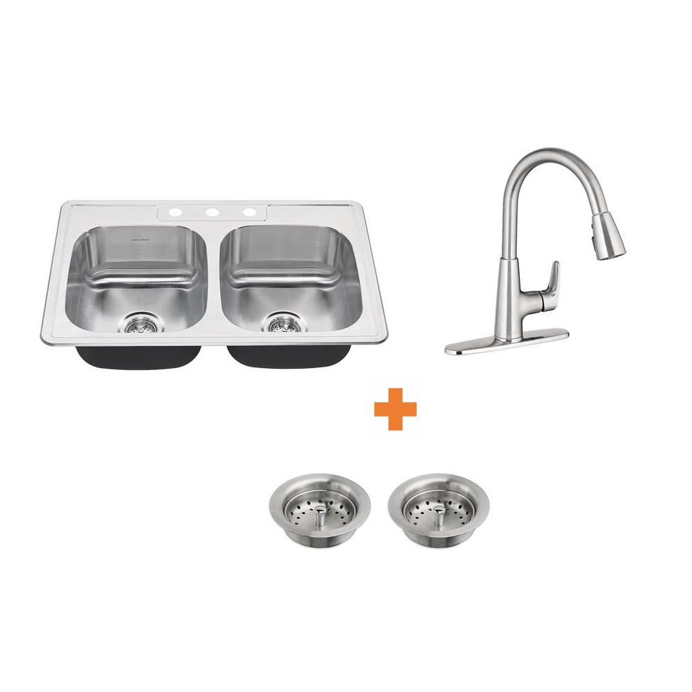 American Standard Colony All In One Drop In Stainless Steel 33 In 3 Hole 50 50 Double Bowl Kitchen Sink With Faucet 4 Piece