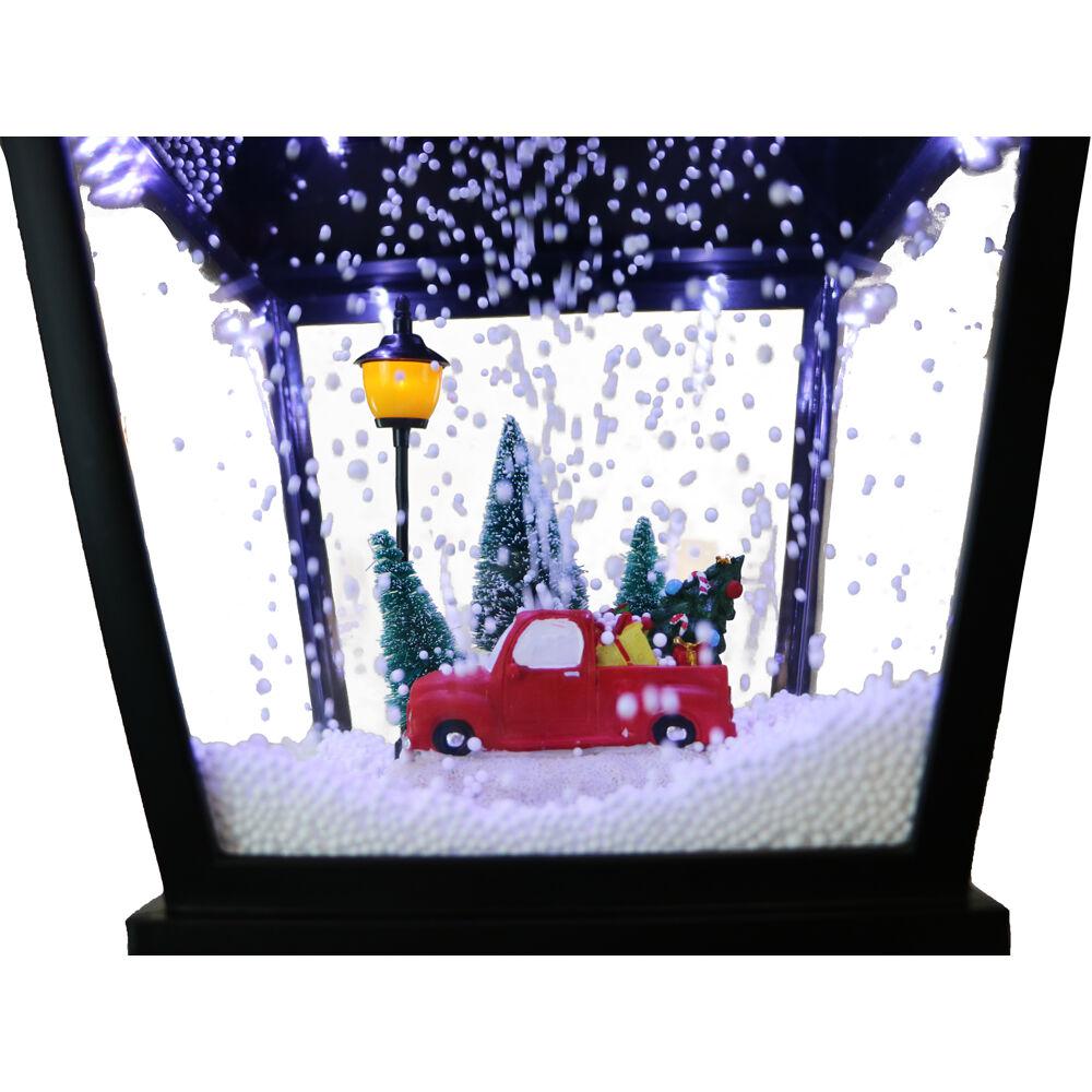 71 Inch Fraser Hill Farm Let Series 71 Street Lamp Christmas Tree Cascading Snow 2 Signs and Holiday Music Black with Trio Scene