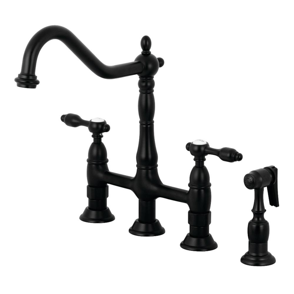 Kingston Brass French Country 2 Handle Bridge Kitchen Faucet With Side Sprayer In Matte Black