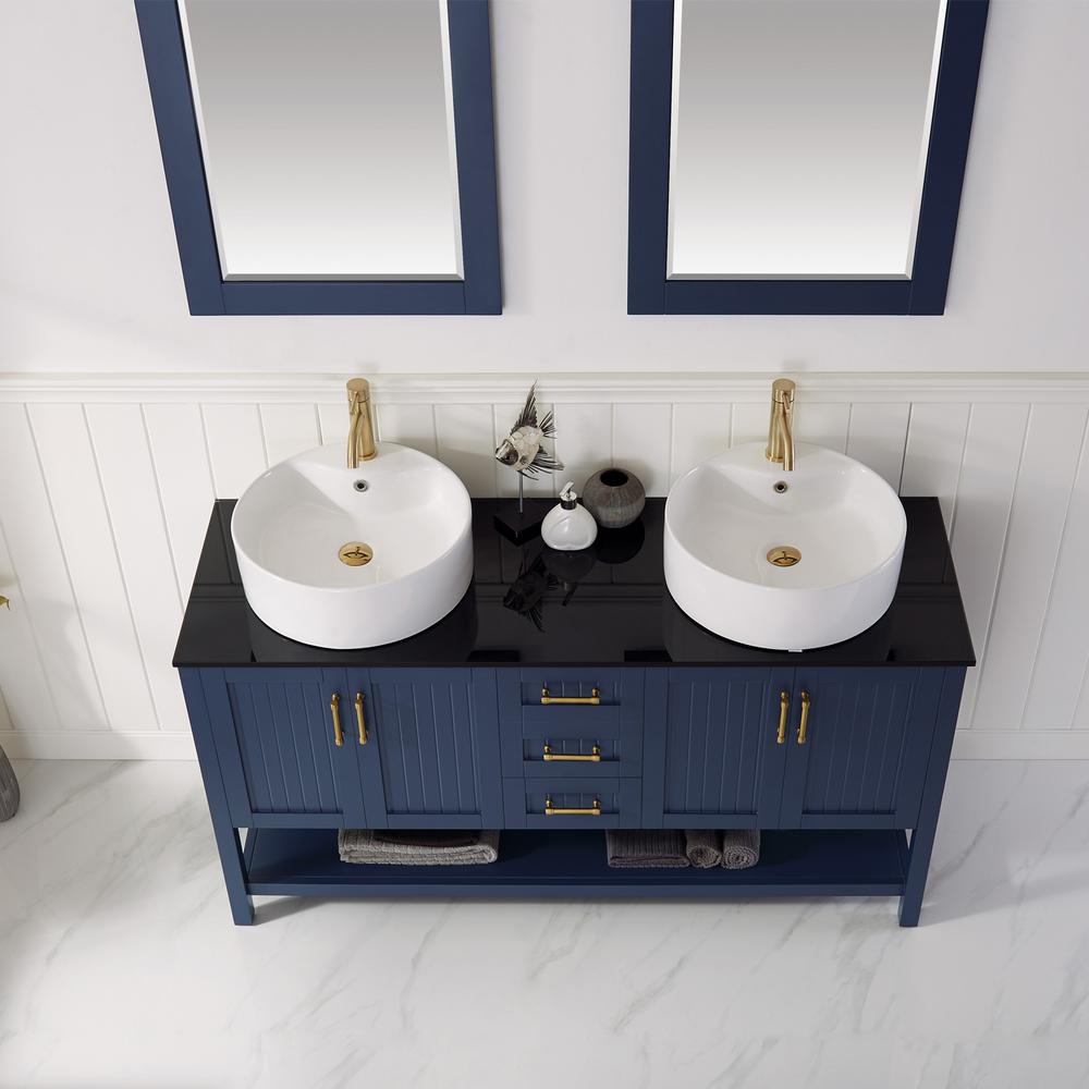 Roswell Modena 60 In Vanity In Blue With Tempered Glass Top In Black With White Vessel Sink And Mirror 856060 Rb Bg The Home Depot