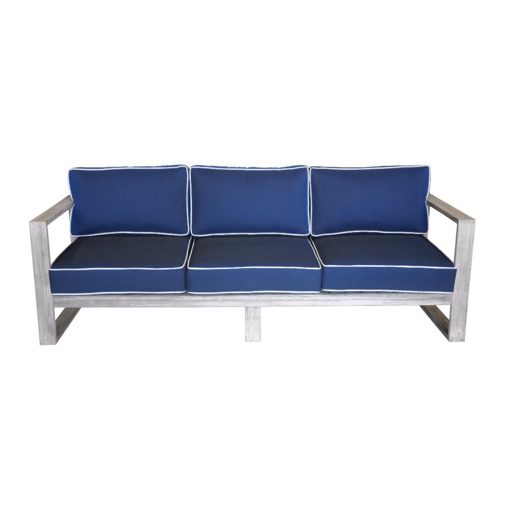 Courtyard Casual North Shore Collection 3 Person Teak Outdoor Sofa With Navy Cushions 5019 The Home Depot