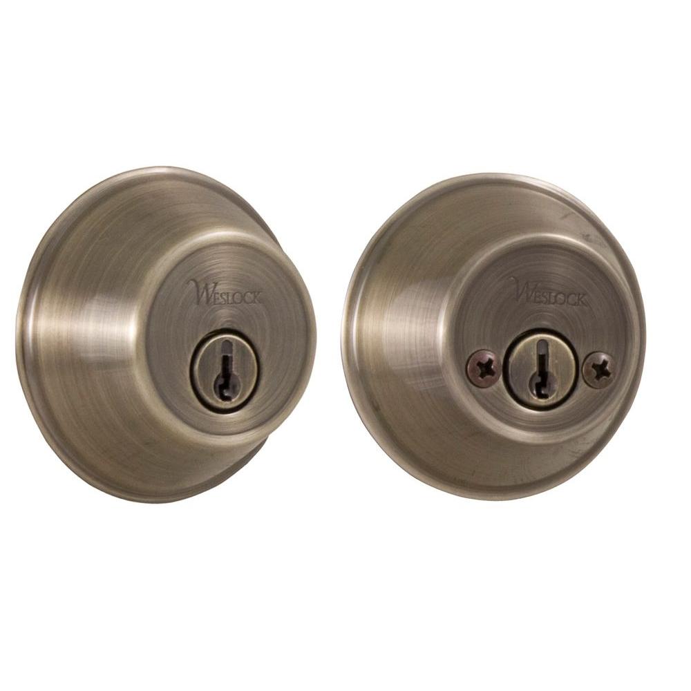 Weslock Essentials Double Cylinder Antique Brass Deadbolt 00372 A Asl23 The Home Depot