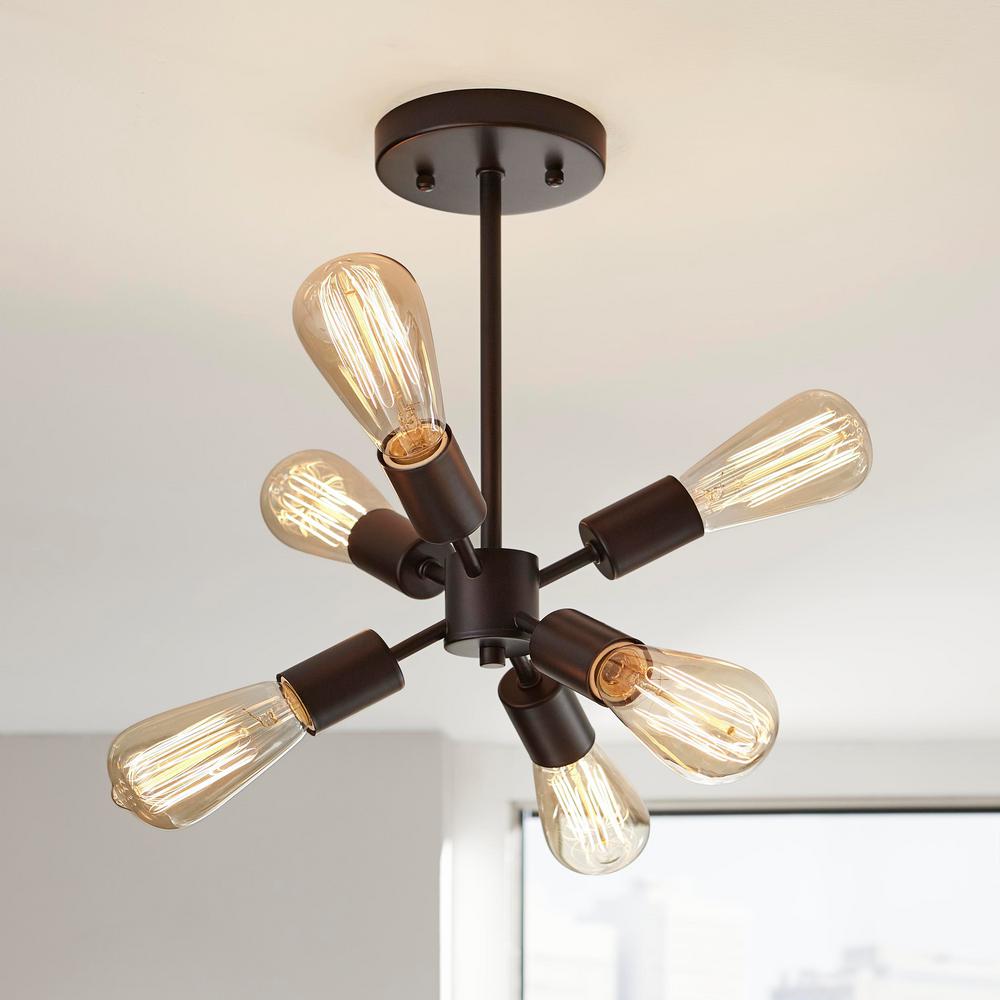 6-Light Bronze Sputnik Semi-Flush Mount Chandelier Home ...