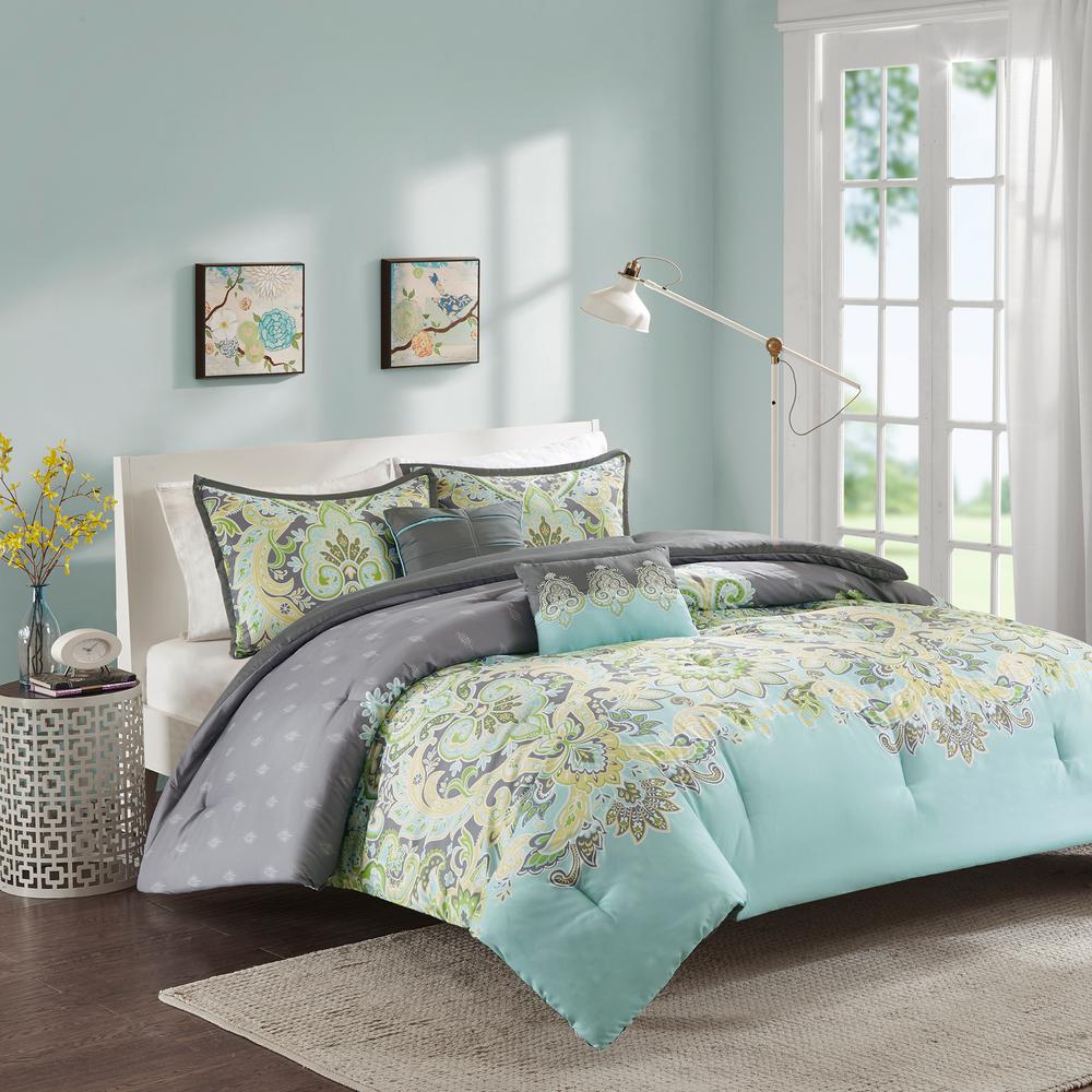 Laura Ashley Harper 4 Piece Jade Green Floral Cotton Queen Comforter Set 220884 The Home Depot