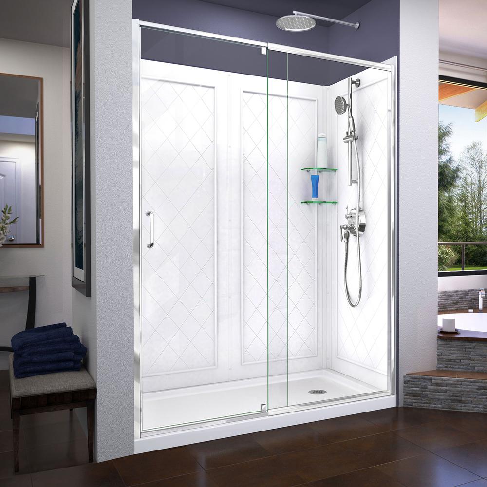 24 in. x 64 in. Framed Pivot Shower Door Kit in Silver with Pebbled